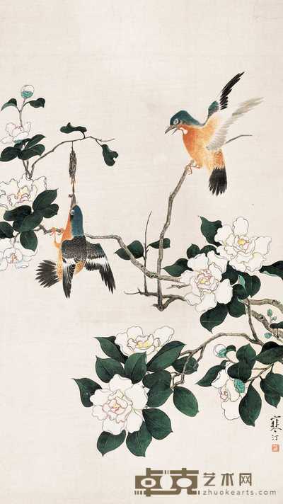 江寒汀 茶花双禽 立轴 92.5×52cm
